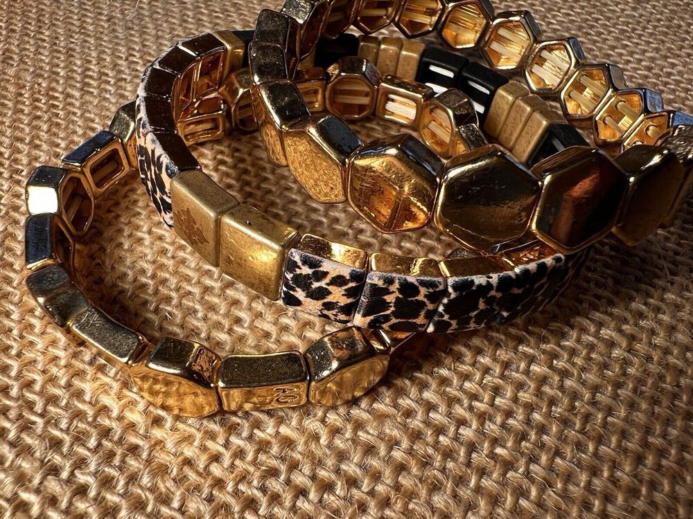 Gold Black Geometric Hexagonal & Square Flat Bead Stretch Bracelets--Set of 3